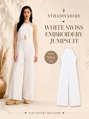 Stradivarius White Swiss Embroidery Halter Jumpsuit Wide Leg NWT Sizes M L